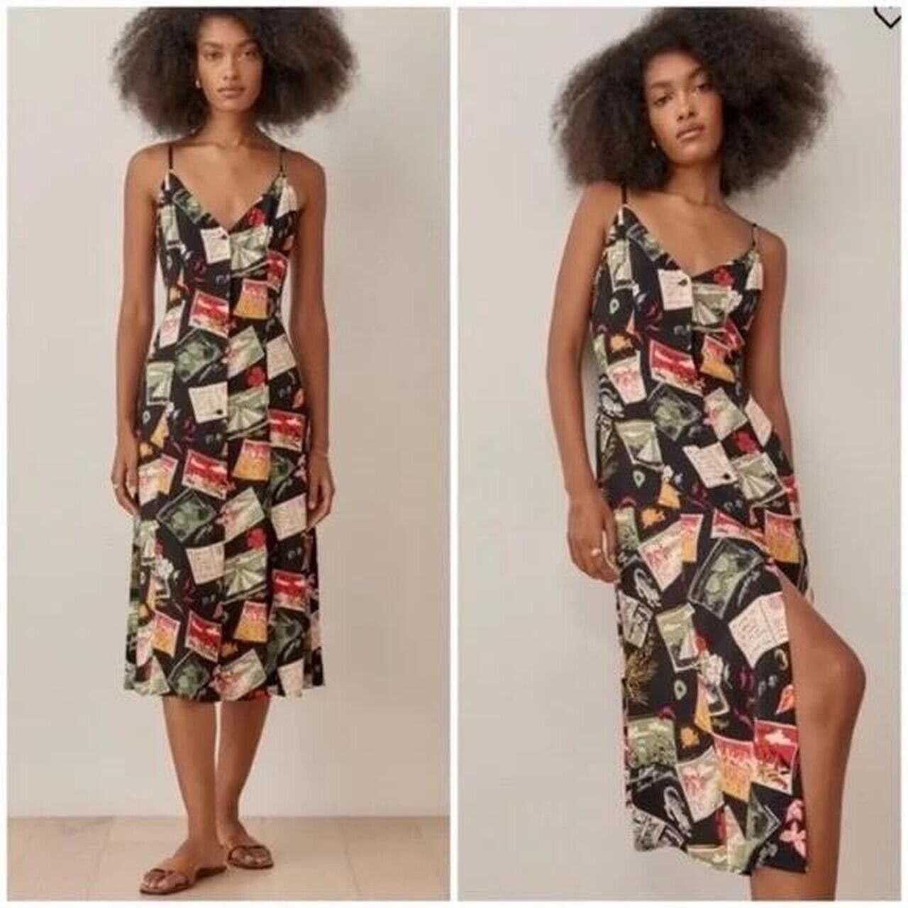 Nwt. $358 Reformation Brixton Dress Havana Postcard Print Sz 2 Black Black